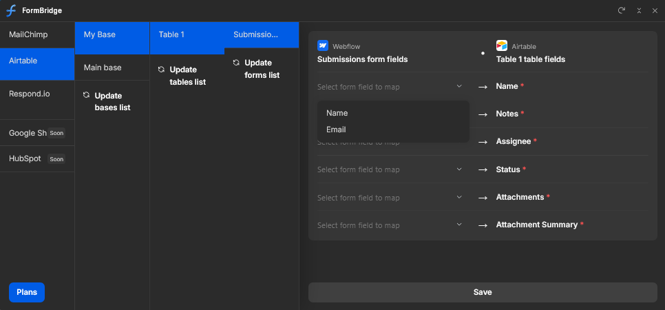FormBridge dashboard showing Webflow form integration with supported services and field mapping interface