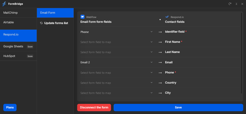 FormBridge visual field mapping interface connecting Webflow forms to marketing tools